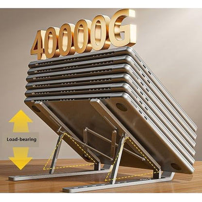 Aluminum Laptop Stand, 6-Height Adjustable Portable Foldable Laptop Holder - Hollow Out Cooling Elevated Desk Stand with Anti-Slip Silicone, Compatible with Notebooks, Tablets
