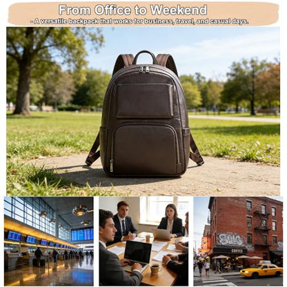 Genuine Leather 15.6 Inch Laptop Backpack for Men, Multi Pocket Casual Daypack Shoulder Bag for Business Travel Outdoor, Coffee - color: Coffee