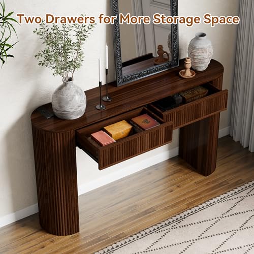 55" Fluted Console Table with 2 Drawers & LED Lights,Entryway Tables with Charging Station,Narrow Sofa Table Behind Couch,Mid-Century Modern Foyer Table for Entryway, Hallway, Living Room(Walnut) - color: Walnut