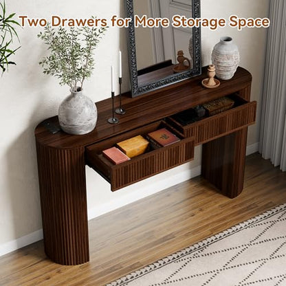 55" Fluted Console Table with 2 Drawers & LED Lights,Entryway Tables with Charging Station,Narrow Sofa Table Behind Couch,Mid-Century Modern Foyer Table for Entryway, Hallway, Living Room(Walnut) - color: Walnut