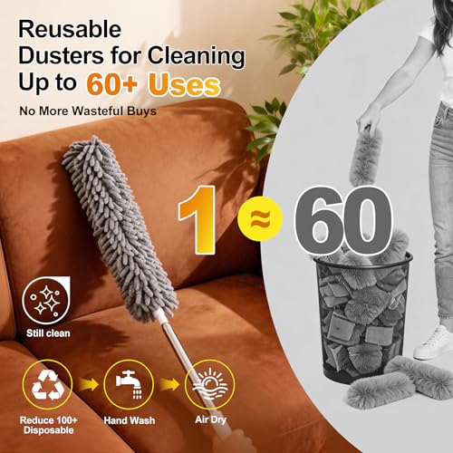 Tiumso Microfiber Feather Duster 5-in-1 Kit, Dusters for Cleaning, Duster with Extension Pole 100 Inches, Cobweb Duster, Microfiber Dusters for High Ceilings and Fans, Blinds, Cars and Furniture - color: A Gray
