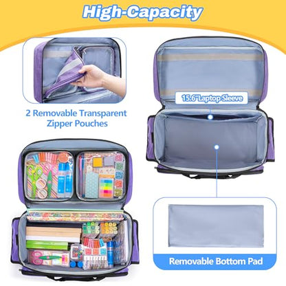 Teamoy Rolling Scrapbook Tote, Craft Bag with Detachable Wheels, Purple | Scrapbook Storage Bag with Bottom Wooden Pad, 2 detachable zipper pouches, Shoulder Straps for Paper, Ablum - color: Purple