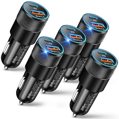 Car Charger, 5Pack 38W Dual Ports USB-C+USB-A Cigarette Lighter Adapter | Fast Charging Car Phone Charger for iPhone 17 Pro Max 16 16e 15 14, Samsung S24, Pixel Cargador para Carro Phone Plug - color: 5-Pack Black