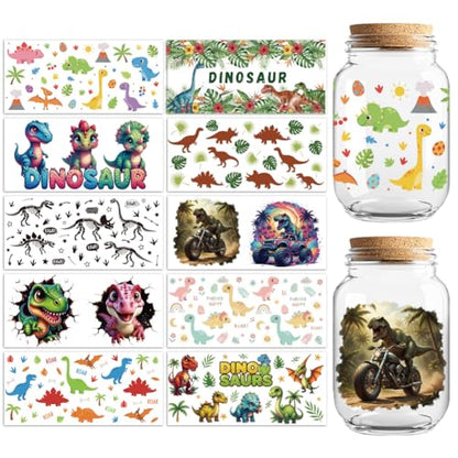 Peacoblue UV DTF Cup Wraps Transfer Stickers Dinosaurs Pattern, 10 Sheets Waterproof Custom Vinyl Transfer Sticker 16oz Coffee Glass Cup Tumbler Bottle Mug Decals for Men Women - style: Dinosaurs