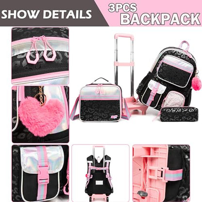 Meetbelify Girls Rolling Backpack with Wheels - Cute Kawaii Carry On Backpack for Elementary Students - Lunch Box Included - Travel Suitcase for Girls 8-10 - color: Love Black
