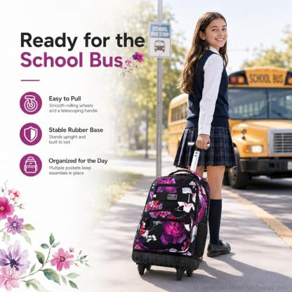 3Pcs Rolling Backpack for Girls, 19 Inche Rose Roller Bag with Wheels, Adults Wheeled Bookbag Set for Women(Black) - color: Rose Black02