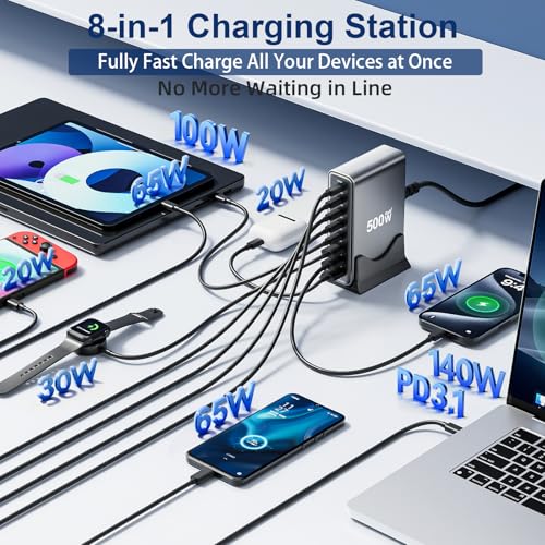 500W USB C Fast Charger Block, PD3.1 140W Multi-Port USB Charging Station, GaN Ⅲ PD PPS Fast Charging Station for Multiple Devices,Laptop Wall Charger Compatible with iPhone 17/iPad/MacBook etc - size: 500W+A 240W Braided Nylon Fast Charging Cable