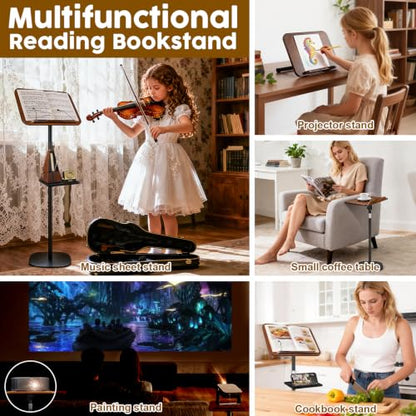 2 in 1 Dual-use Music Stand & Desktop Book Stand, Adjustable Height 16.5"-51", 100% Solid Wood Laptop Floor Stand Book Holder with Elastic Page Clips for Cookbooks (Black Walnut with Tray) - color: Black Walnut With Tray
