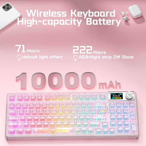 AULA F98 Pro V3 Wireless Mechanical Keyboard with Screen & Knob,Hot Swappable Pink Gaming Keyboard,Clear Keycap RGB Backlit Gasket Mount Creamy Keyboards with Number Pad for Office PC,10000mAh Battery - color: Pink