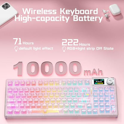 AULA F98 Pro V3 Wireless Mechanical Keyboard with Screen & Knob,Hot Swappable Pink Gaming Keyboard,Clear Keycap RGB Backlit Gasket Mount Creamy Keyboards with Number Pad for Office PC,10000mAh Battery - color: Pink