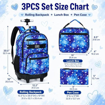 3Pcs Rolling Backpack for Girls, 19 Inche Women Roller Bag with Wheels for Adults, Wheeled Bookbag with Lunch Box(Blue) - color: Blue Love