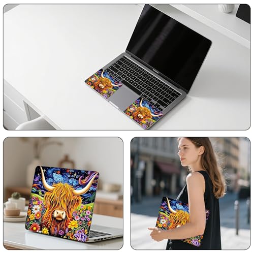 Aesthetic Laptop Skin Sticker, Highland Cow in Blooms Waterproof Vinyl Laptop Decal, Removable Bubble Free, Reusable Protective Cover for 13 14 15 15.6 Inch - color: Highland Cow in Blooms