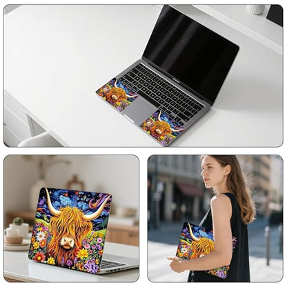 Aesthetic Laptop Skin Sticker, Highland Cow in Blooms Waterproof Vinyl Laptop Decal, Removable Bubble Free, Reusable Protective Cover for 13 14 15 15.6 Inch - color: Highland Cow in Blooms