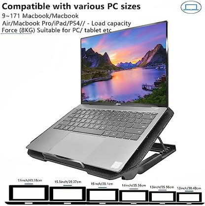 Laptop Cooling Pad, Cooler Pad Chill Mat 2 Quiet Fans LED Lights and 2 USB Ports 5 Height & with Adjustable Speed Mounts Metal Mesh Design, for 9"-17" Laptops（Black） - color: Black