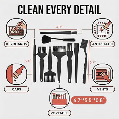 Keyboard Cleaning Kit, 9-Piece Black Detail Brush Set for Keys Vents and Screens, Soft Bristles for Laptop Desktop Office Gear, Compact Storage for Home and Travel Use - size: Large