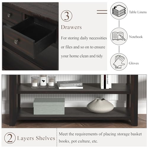 48’’ Modern Farmhouse Wood Entryway Console Table with Storage (Black) | 3-Tier Sofa Table Behind Couch, 3 Drawers, 2 Open Shelves, Easy Assembly, for Living Room, Foyer, Hallway - color: Black