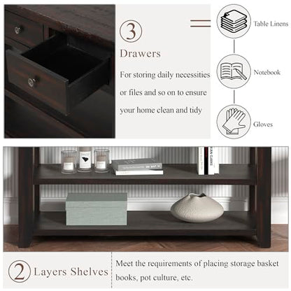 48’’ Modern Farmhouse Wood Entryway Console Table with Storage (Black) | 3-Tier Sofa Table Behind Couch, 3 Drawers, 2 Open Shelves, Easy Assembly, for Living Room, Foyer, Hallway - color: Black