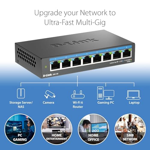 D-Link 8-Port 2.5GB Unmanaged Gaming Switch with 8 x 2.5G - Multi-Gig, Desktop or Wall Mount, Silent Operation, Plug & Play, Follows NDAA/TAA, (DMS-108), Ethernet Splitter, Multi-Gigabit Network - size: 8 Port Multi-Gig 2.5Gb