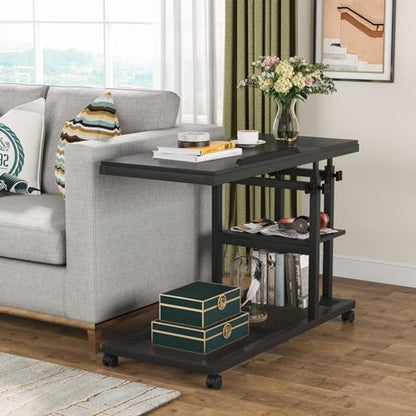 Tribesigns Height Adjustable C Table with Wheels, Mobile Couch Snack Side Table with Tiltable Drawing Board, Sofa Bedside Laptop Stand C Shaped TV Tray with Storage Shelves (Black) - color: Black