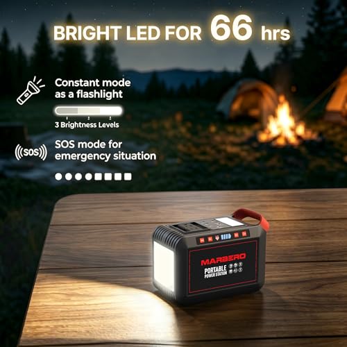 MARBERO 200W Portable Power Station 148Wh Camping Solar Generator Laptop Power Bank with AC Outlet 110V, DC, USB QC3.0, LED Flashlights for CPAP Home Outdoor Trip Emergency Backup | Power Bank with AC Outlet 110V Solar Generator with 8 Output Ports for Ca