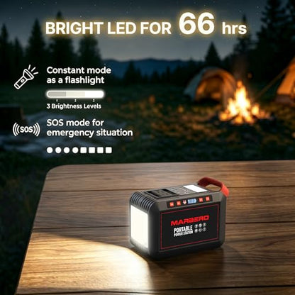 MARBERO 200W Portable Power Station 148Wh Camping Solar Generator Laptop Power Bank with AC Outlet 110V, DC, USB QC3.0, LED Flashlights for CPAP Home Outdoor Trip Emergency Backup | Power Bank with AC Outlet 110V Solar Generator with 8 Output Ports for Ca