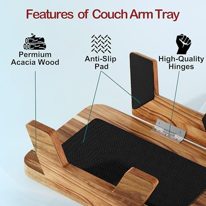 ZUJJAFY Couch Armrest Table, Acacia Wood Couch Arm Tray, Clip-On Sofa Arm Tray Table for Drink Eating Snacks Remote and Control