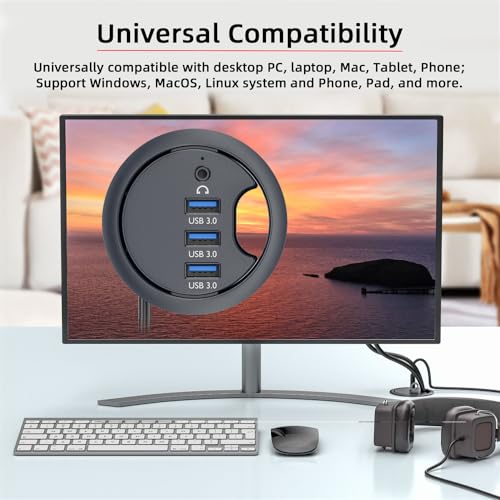 USB 3.0 Hub Sound Card 3 Port USB 60mm Desk Grommet Splitter Dock Station Headphone Mic Audio Interface for Desktop PC - style: Mic Audio+3-USB3.0