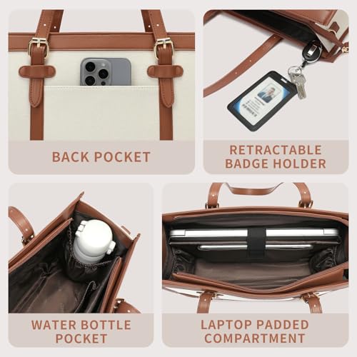 Keyli 3pcs Laptop Bag for Women,15.6 Inch Canvas Tote Bag Work Bags Large Business Computer Briefcase Shoulder Handbag Purse - color: S-brown+khaki