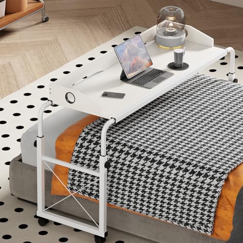 Overbed Table with Wheels, Adjustable Queen Size Bed Desk, White | Fits Twin To King Beds, Adjustable Height & Length Rolling Over Bed Table For Hospital and Home, with 4 Locking Casters - color: White
