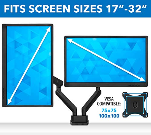 Mount-It! Dual Monitor Arm Desk Stand, 24-32" Screens | Premium articulating spring arms with height adjustment, fits two VESA 75/100 screens, C-clamp & grommet.