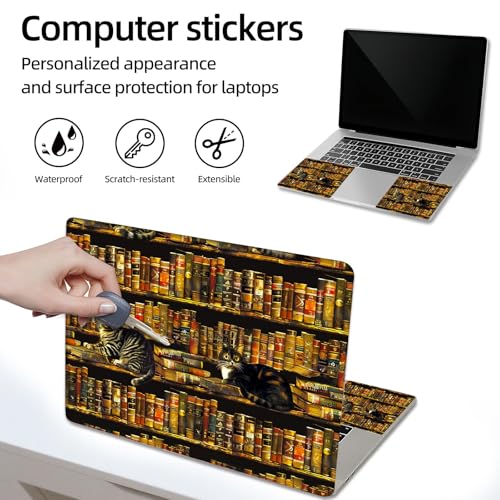 Aesthetic Laptop Skin Sticker, Cats on Book - Filled Shelves Waterproof Vinyl Laptop Decal, Removable Bubble Free, Reusable Protective Cover for 13 14 15 15.6 Inch - color: Cats on Book - Filled Shelves
