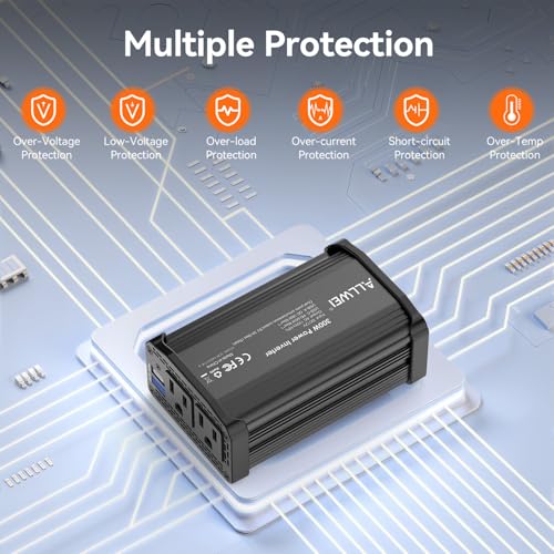 ALLWEI 300W Car Power Inverter 12V DC to 110V AC Car Inverter-Black | with 27W PD USB-C&18W USB-A Fast Charging, Car Charger Cigarette Adapter for Phone, Laptop and Small Devices on Road Trip