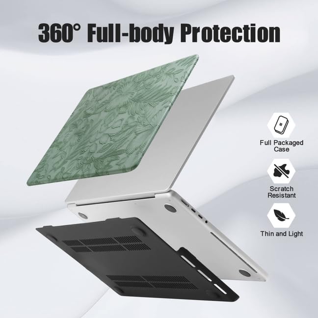 DTangLsm for MacBook Air 13 inch Case 2021 2020-2018 M1 A2337 MacBook Air Case A2179 A1932, Textured Leather Plastic Hard Shell Cover for MacBook Air 2020 Case + Keyboard Cover, Green Embossed Floral - color: # Midnight Green