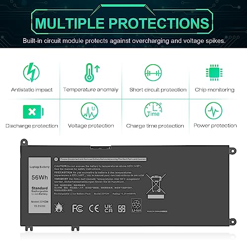 Futurebatt 33YDH Laptop Battery for Dell Inspiron 17 7000 7778 7779 7786 7773 15 7577 G3 3579 3779 G5 5587 G7 7588 Latitude 13 3380 14 3490 15 3590 3580 PVHT1 P30E 81PF3 081PF3 Vostro 15 7580 7570 - size: 33YDH 10.83*5.12*0.73 in