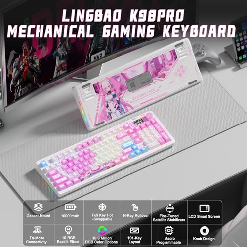 LINGBAO K98 PRO Anime Mechanical Wireless Gaming Keyboard with Screen Knob | Tri-Mode BT5.0/2.4G/USB-C, Gasket Mount Hot Swappable Linear Switches, RGB Backlit Creamy Sounding for PC/Mac Office& Gaming - color: K98Pro | 10000mAh | Anime Pink