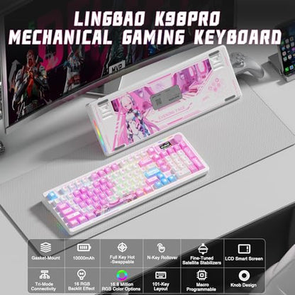 LINGBAO K98 PRO Anime Mechanical Wireless Gaming Keyboard with Screen Knob | Tri-Mode BT5.0/2.4G/USB-C, Gasket Mount Hot Swappable Linear Switches, RGB Backlit Creamy Sounding for PC/Mac Office& Gaming - color: K98Pro | 10000mAh | Anime Pink