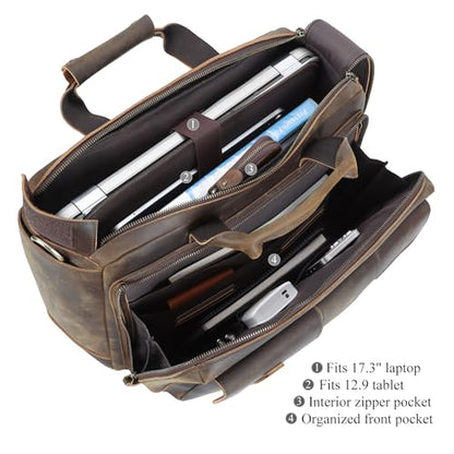 TIDING Leather Briefcase for Men 17.3" Laptop Business Travel Messenger Bag | Large Opening Main Compartment, Detachable Laptop Sleeve, Multi Pockets, Luggage Strap, Anti-theft Pocket - color: Dark Brown