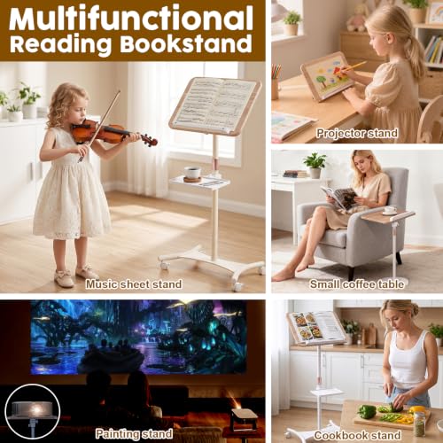 2 in 1 Dual-use Music Stand & Desktop Book Stand, Adjustable Height 16.5"-51", 100% Solid Wood Laptop Floor Stand Book Holder with Elastic Page Clips for Cookbooks (White with Tray and Wheels) - color: White With Tray and Wheels