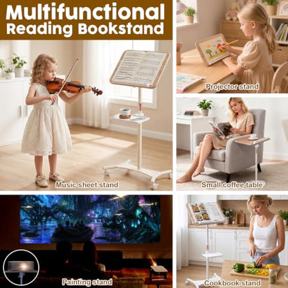 2 in 1 Dual-use Music Stand & Desktop Book Stand, Adjustable Height 16.5"-51", 100% Solid Wood Laptop Floor Stand Book Holder with Elastic Page Clips for Cookbooks (White with Tray and Wheels) - color: White With Tray and Wheels