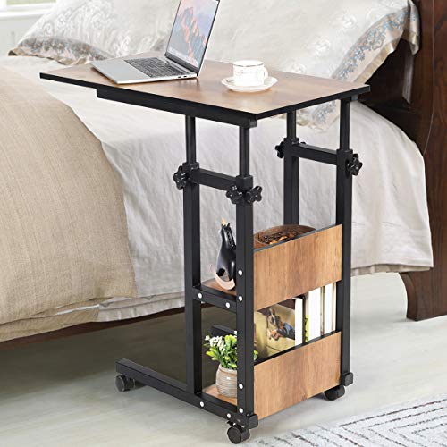 Tangkula Rolling Height Adjustable C Table, Mobile Sofa Side End Table Couch Desk, Sofa Desk Snack Table with Storage Shelves, Bed Side Table for Coffee Laptop Tablet, Wood Look Accent Furniture