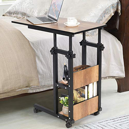Tangkula Rolling Height Adjustable C Table, Mobile Sofa Side End Table Couch Desk, Sofa Desk Snack Table with Storage Shelves, Bed Side Table for Coffee Laptop Tablet, Wood Look Accent Furniture