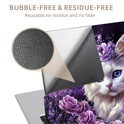 Universal Laptop Skin Sticker for 12/13/14/15.6 Inch Laptops, Reusable Vinyl Laptop Decal Cover, Waterproof Scratch Resistant Notebook Skin with 2 Wrist Pads,Flower Bed with Cute White Cat - color: Flower Bed with Cute White Cat