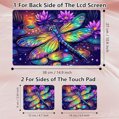 Laptop Skin Sticker Decal 12" 13" 13.3" 14" 15" 15.6",Waterproof Scratch Resistant Vinyl,Reusable Easy to Apply,for MacBook HP Dell Notebooks Netbooks Laptop,2 Wrist Pads,Colorful Dragonfly Lotus - color: Colorful Dragonfly Lotus