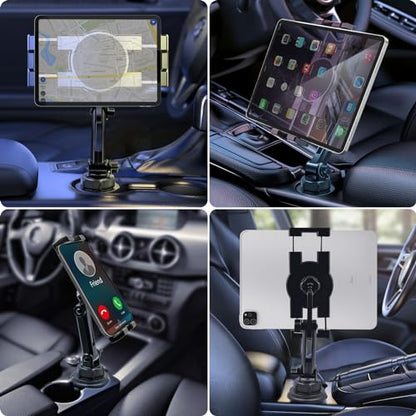 Cup Holder Car Tablet Mount, 360° Adjustable 2-Arm Stand Holder for iPad Pro 12.9/11/10.5/9.7/Air/Mini 6/5/4, Galaxy Tab/Z Fold 6/5, Amazon Fire HD, iPhone 16/15/14/Pro, 4.7-12.9" Tab & Phone - size: 11.4"