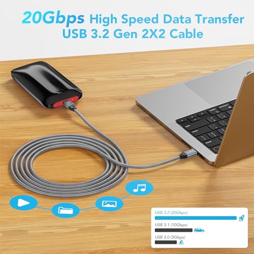 ULT-WIIQ 6.6FT USB C to USB C 3.2 Gen 2 x 2 Video Cable for Portable Monitor, 4K@144/120/60Hz 8K Display Cable, 20Gbps Data Transfer, PD 3.1 240W Fast Charging, for iPhone 17, MacBook, SSD, CarPlay - size: 6.6FT