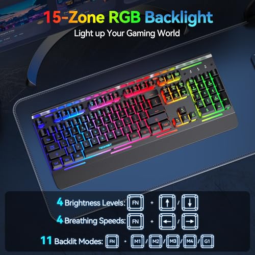 TECKNET Wireless Gaming Keyboard, 4000mAh Rechargeable Keyboard | 2-in-1 (2.4G Wireless & Wired) Connection, 15-Zone RGB Backlit, Whisper Quiet Design, 25 Anti-ghosting Keys, Metal Panel