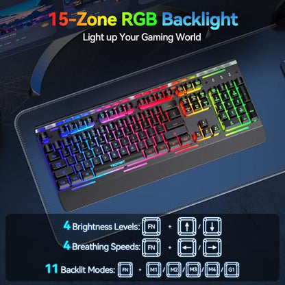 TECKNET Wireless Gaming Keyboard, 4000mAh Rechargeable Keyboard | 2-in-1 (2.4G Wireless & Wired) Connection, 15-Zone RGB Backlit, Whisper Quiet Design, 25 Anti-ghosting Keys, Metal Panel