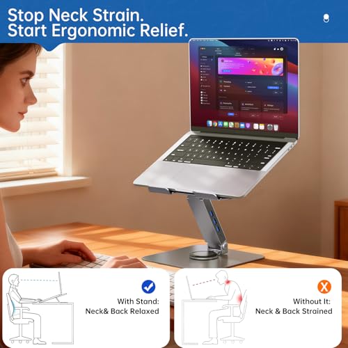 EJAY 360 Rotating Laptop Stand with 10Gbps USB 3.2 Hub, Heavy Duty Aluminum Computer Riser for Desk, Adjustable Ergonomic Holder for MacBook Pro Air, Dell, HP, Office