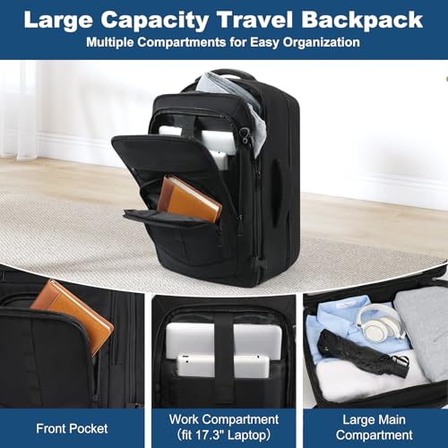 Travel Backpack,Carry on Backpack Expandable 40-50L with USB Cable Port,Fits 17.3 Inch Laptop Notebook,Water Resistant Business Travel Laptop Backpack for Men Women Weekend Trips,Daily Travel,Black - color: Black