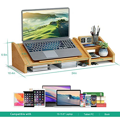 Ufine Bamboo Laptop Stand for Desk with Storage Computer Monitor Riser | 3 Heights Adjustable, Notebook Printer Stand Desktop Organizer for Home Office